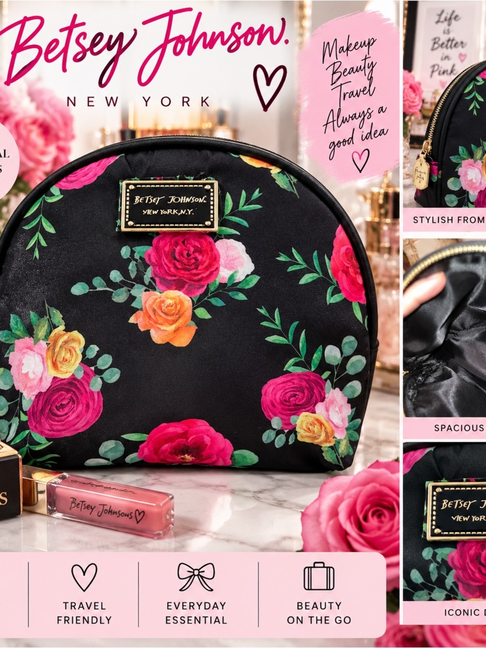 Betsey Johnson Black Floral Makeup Pouch with Pink, Red and Orange Roses